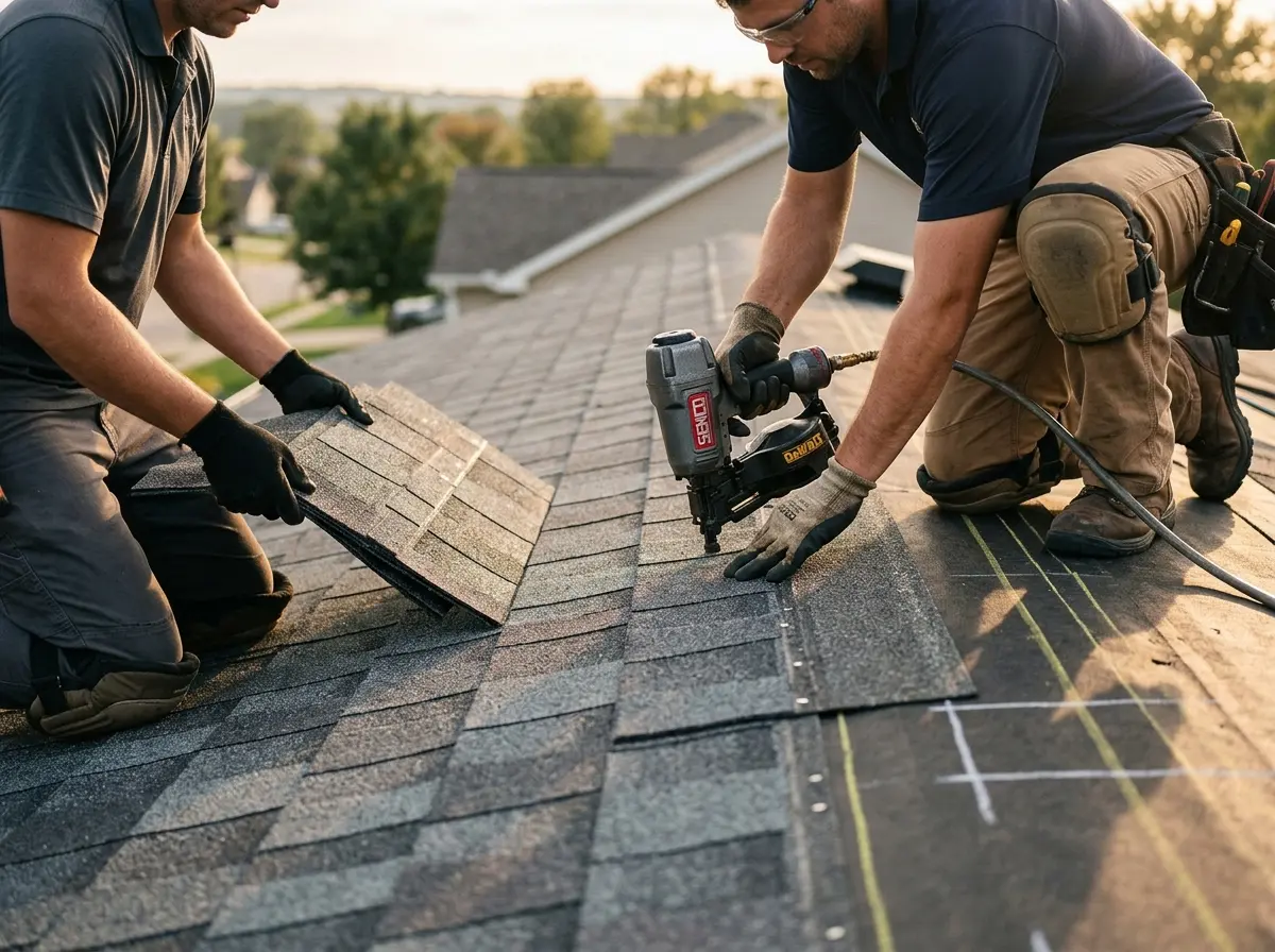 Professional roofer working on a residential roof in Topsfield